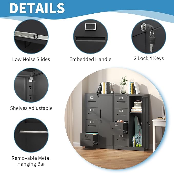 4 Drawer File Cabinet with Shelves and Hanging Rod, Metal Filing Cabinet with Lock for Home Office, File Storage Drawers for Legal/Letter Size Folders, Assembly Required (Black)