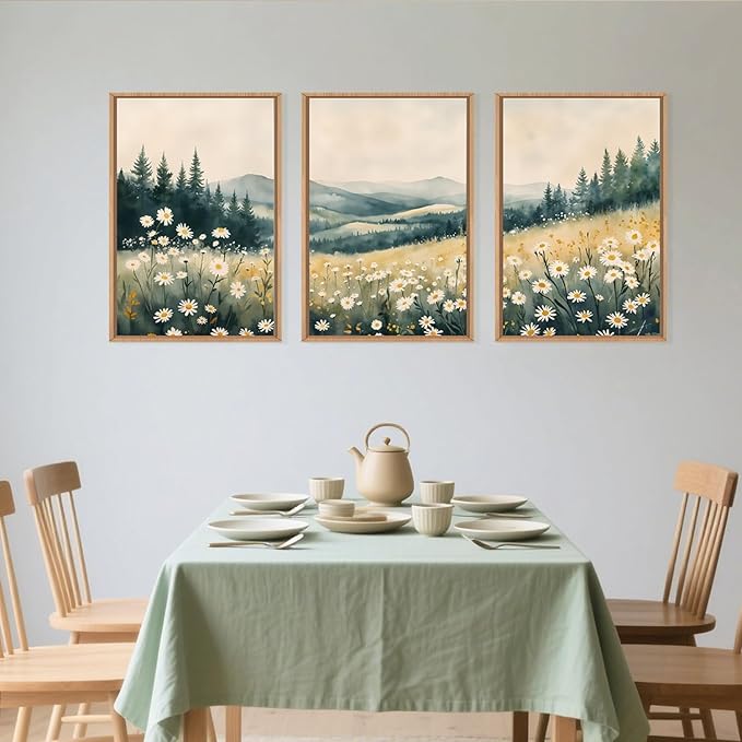 Large Misty Mountain Framed Canvas Wall Art,Nature Daisy Flower Wall Decor,Modern Foggy Forest Painting,Abstract Woodland Landscape Artwork for Living Room,Bedroom,Dining Room-16"x24"x3