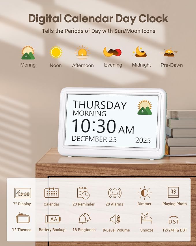 Digital Clock with Date and Week for Seniors, Alzheimer's Dementia Clock with 20 Alarms and 6 Medicine Reminders, Large Font Digital Calendar Alarm Clock for Vision Impaired, White (Ac Powered)