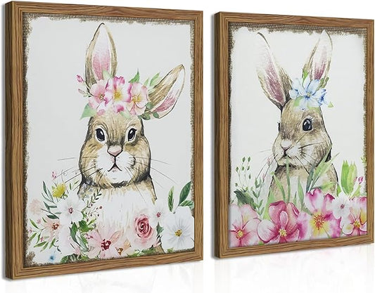 Framed Vintage Easter Wall Art Decor, Easter Bunny Picture Wall Decorations Set of 2, Spring Rustic Rabbit Poster Prints Painting for Kids Room Living Room Bedroom 12x16 Inch