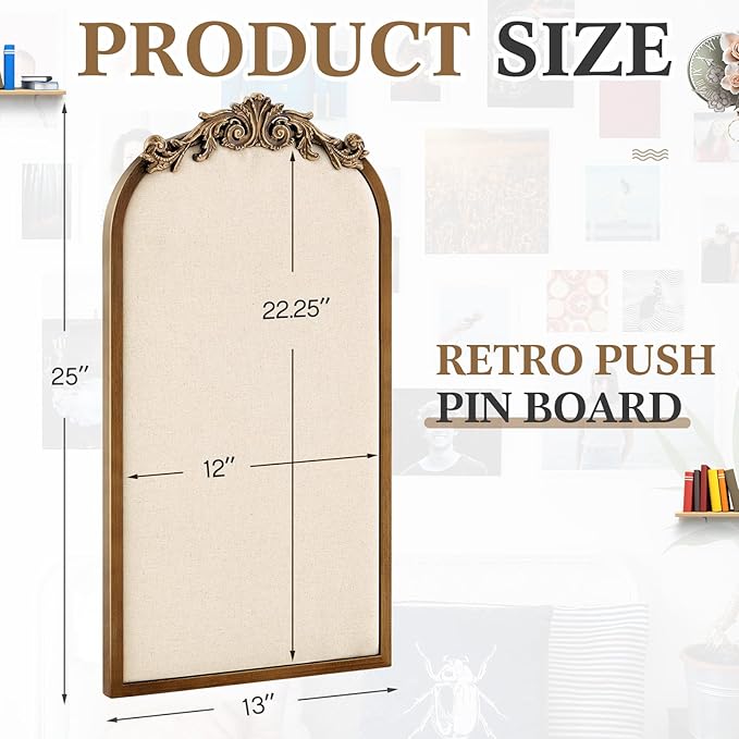 Vintage Framed Pin Board Linen Display Bulletin Board Large Cork Fabric Picture Photo Pinboard Memo Ornate Decorative Pinboard Ornate for Wall Gift(Arch,13" X 25",Vintage Golden)
