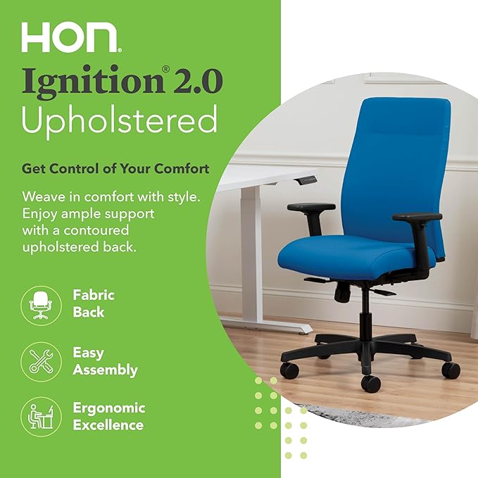 HON Ignition 2.0 Fabric Office Chair, Upholstered, Adjustable Arms, Standard Synchro-Tilt Recline Executive Ergonomic Office Chair, Black Frame, Peacock