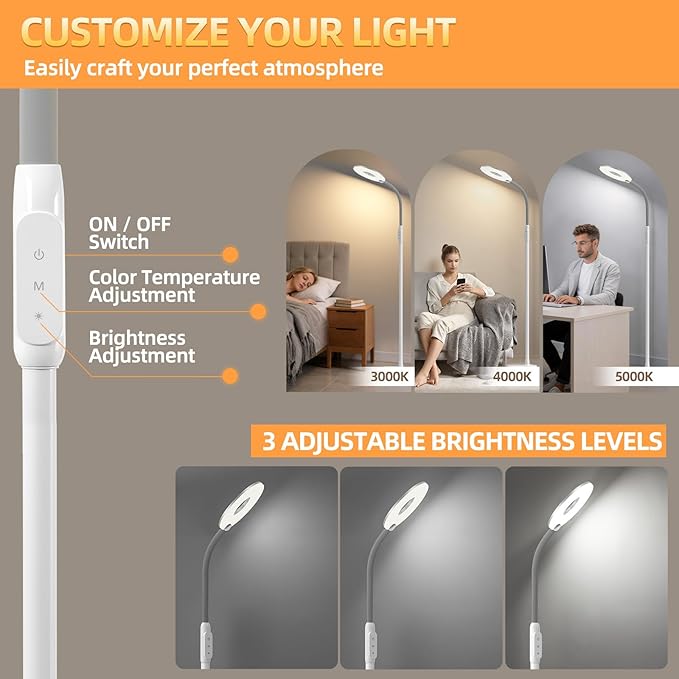 GyroVu LED Floor Lamp, Touch Control Bright Reading Floor Lamps for Living Room, 70'' Dimmable 3 Color Temperature Standing Tall Lamp with Adjustable Gooseneck for Bedroom Office Craft Sewing, White