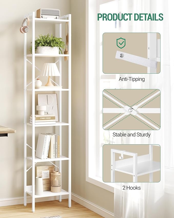 Bookshelf, Book Shelf, Industrial Bookcase with 2 Hooks, Coner Shelf Storage Organizer for Home Office, Living Room, Bedroom, Kitchen, 6-Tier White BC10713W