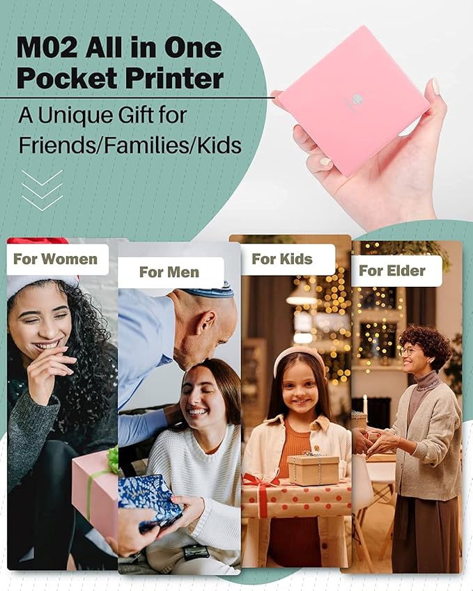 Phomemo Mini Pocket Printer- M02 Portable Thermal Tiny Photo Printer with 3 Rolls Paper, for Home, School, Office, Compatible with iOS and Android, Pink