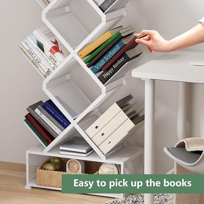 Gintan 9-Tier Corner Bookshelf with Storage,Bedroom Shelves Folding Bookshelves,No Installation Required Shelf Tree Bookcase for Living Room,Study,Home Office,Bed Room (White)