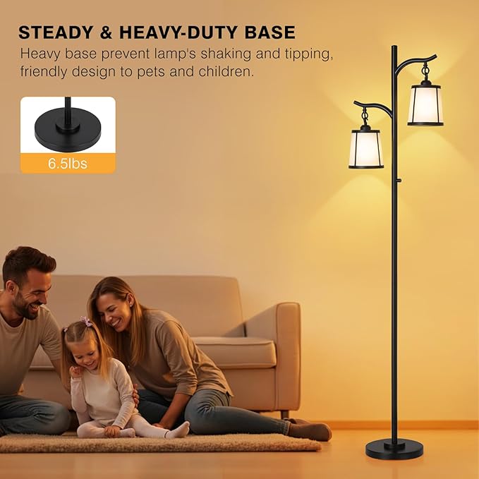 9MMML Farmhouse Floor Lamp for Living Room, 67'' Tall Floor Lamp with 2 Hanging Smooth Faux Leather Lamp Shade, Vintage Black Dimmable Standing Lamp for Bedroom, 2 x 800LM LED Bulbs Included