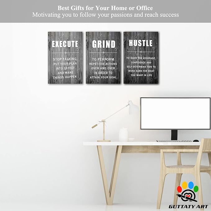 Office Wall Art - 3 Panel Motivational Wall Art, Inspirational Quotes Canvas Art for Home Office Wall Decor, Positive Quotes Wall Decor, Entrepreneur Grind Hustle Execution Poster Frame (12”x24”x3Pcs)