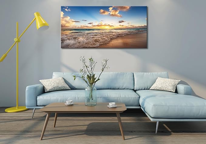 Large Beach Wall Art for Living Room Coastal Canvas Painting Decor - Sunrise Ocean Picture Nature Seascape Artwork Poster Print for Office Bedroom Decoration 20"x40"