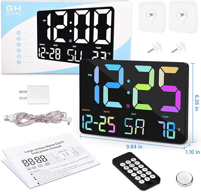 Amgico Digital Alarm Clock with Snooze, Temperature, Auto Dimming, 11.5" Large Display Calendar, Desk/Wall Clock for Bedroom, Living Room, Office, Home, Classroom,Elderly - Rainbow