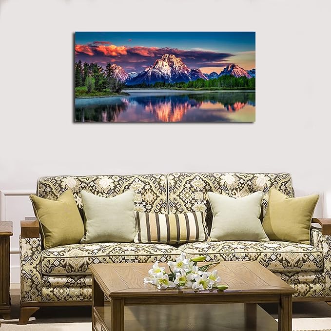 Sunset Landscape Canvas Wall Art for Living Room Grand Teton Wyoming National Park Picture Wall Decor Snake River Mountain Forest Nautre Prints Artwork Bedroom Bathroom Office Home Decor 24" X 48"