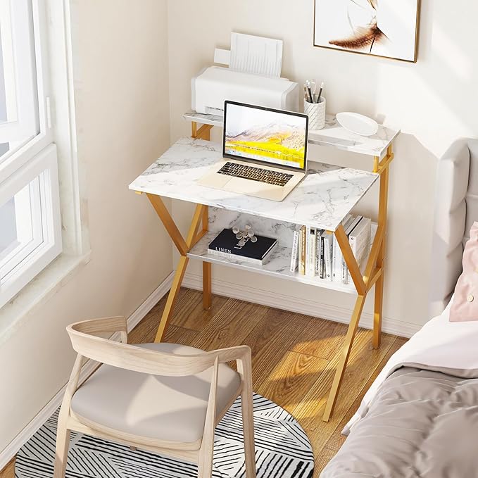 ODK Small Desk, 27.5 Inch Computer Desk for Small Spaces, Kids Desk with Storage, Study Table with Monitor Stand for Homeschool, White Marble + Gold Leg