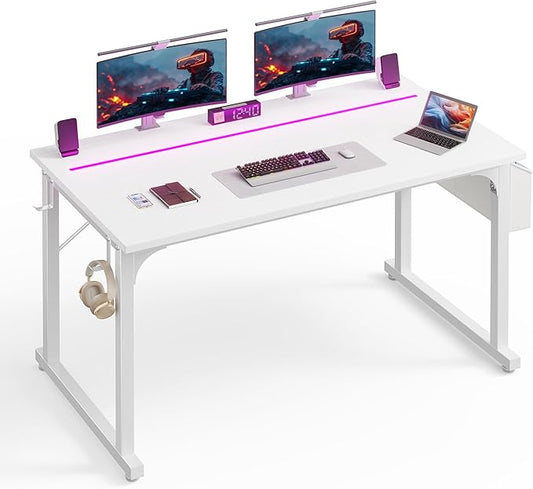 48 Inch White Computer Desk with LED Lights, Office Desk with Storage Bag for Home Office, Gaming Desk with Headphone Hook for Study Writing Work Desk,Sturdy Metal Frame