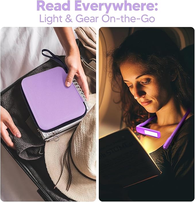 Voilet Neck Light with Storage Case, 10-80Hrs Eye-friendly Book Reading Light Knitting Crochet Sewing Craft Light Rechargeable Adjustable, Mothers Day Gifts for Mom Women Book Lovers Knitters Crafters