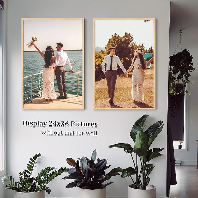 Egofine 24x36 Poster Frame Set of 2 Solid Wood Frame with Plexiglass Matted for 18x24 for Wall Mounting Hanging Picture Frame Vertically or Horizontally, Natural Wood