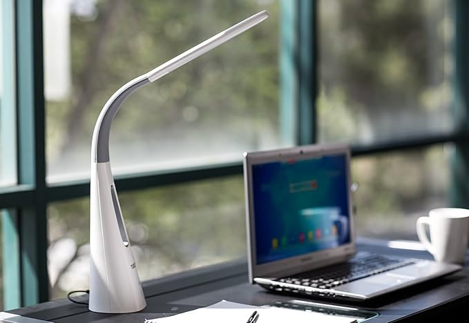 Turcom LED Desk Lamp with Fan, Cool Breeze Lamp with Bladeless Fan with Adjustable Neck, 3 Speeds and 5 Brightness Levels, White