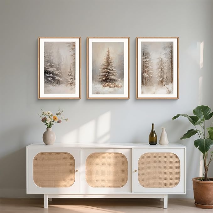 Retro Pine Tree Woodland Landscape Framed Canvas Wall Art Set,Modern Rustic Forest Scenery Wall Decor,Textured Natural Misty Botanical Artwork for Living Room, Bedroom,Farmhouse- 16"x24"x3