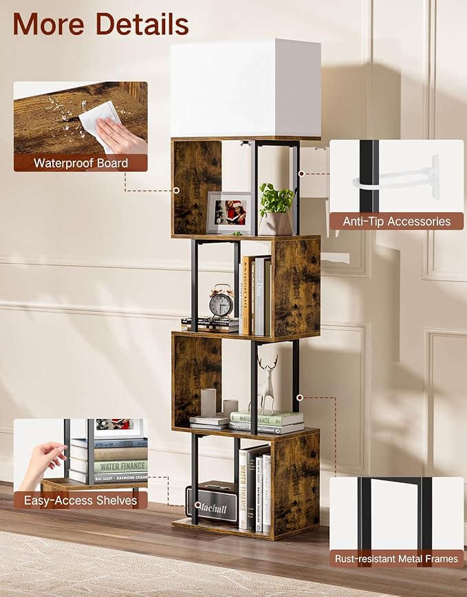 5-Tier Floor Lamp with Shelves & Remote, Dimmable S-Shaped Bookshelf with 3 Color Temperature, 1-Hour Timer, Tall Corner Standing Lamp for Living Room, Bedroom, Office (Rustic Brown)
