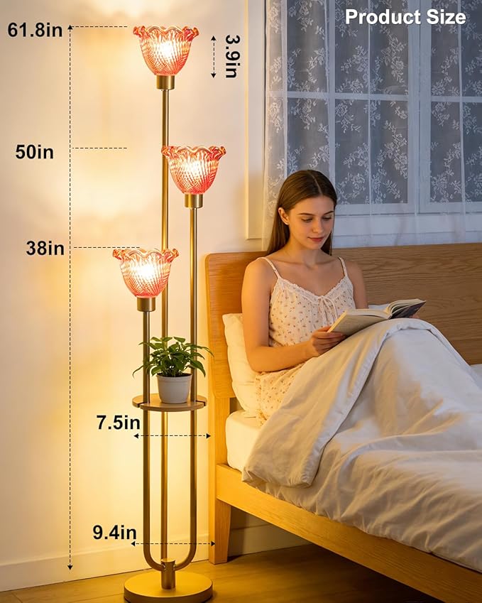 Lightdot Glass Floor Lamp for Living Room Dimmable Gold Floor Lamp with Rose Red Glass Shade & 3000K Bulbs Included 3-Lights Modern Tall Standing Lamp for Bedroom/Sofa Beside/Corner Decor