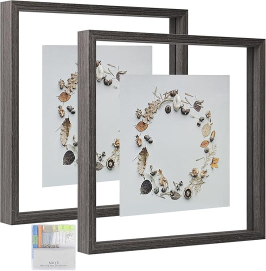 MUYE Square 12x12 Floating Frame in Gray,Double Glass Picture Frame for Wall Mount or Tabletop Standing with Hanging Hardware Included,Display Photo up to 12x12,2 Pack