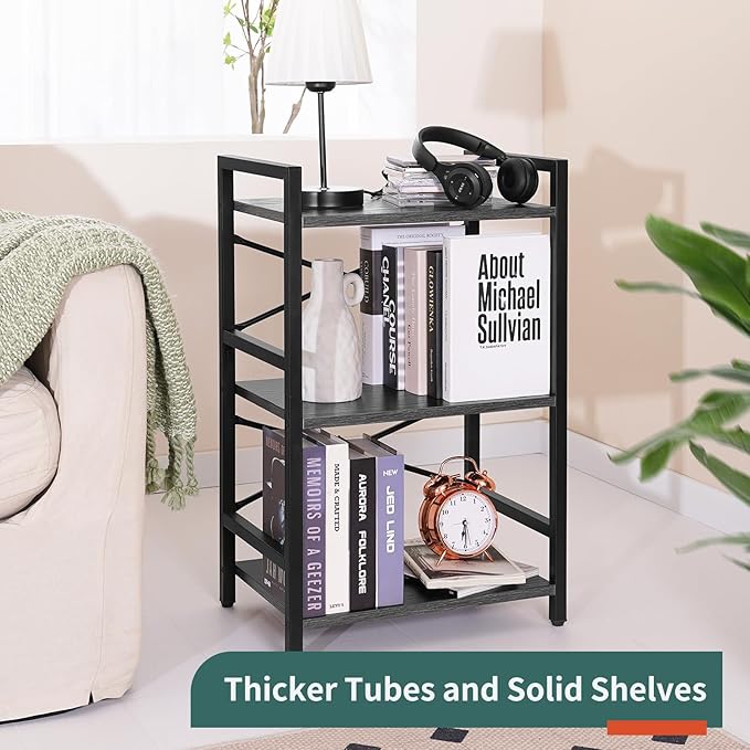 Yoobure Bookshelf Small Book Shelf, Solid Industrial 3 Tier Shelf Bookcase, Short Book Case for Bedroom, Living Room, Office Home, Small Spaces, Easy Assembly Charcoal Gray