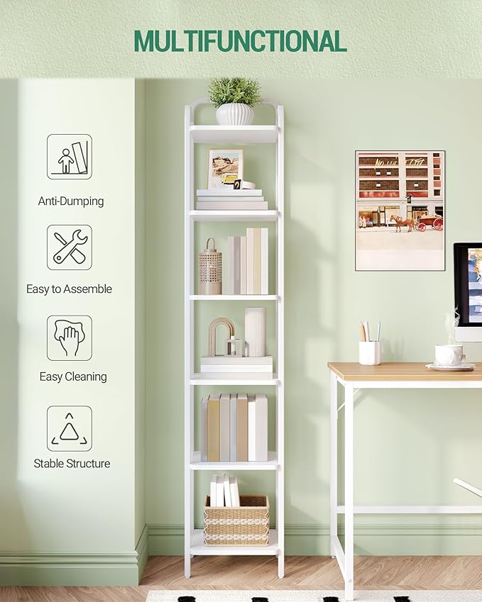 Bookcase Bookshelf, Narrow Book Shelf, Industrial Corner Shelf Storage Organizer, Slim Shelving Unit for Home Office, Living Room, Bedroom, Kitchen, 6-Tier White BC24613W