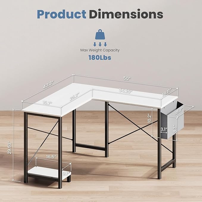 Sweetcrispy L Shaped Desk - Computer Desk Corner Desks Gaming Desk PC Table with CPU Stand Side Bag for Home Office Dorm Sturdy Writing Workstation, White, 50-Inch