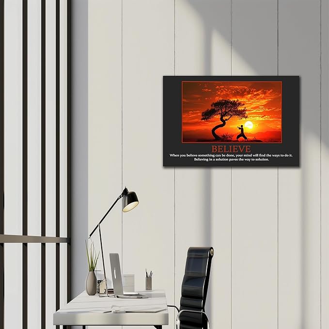 UZMKM - Office Wall Art, Motivational & Inspirational Quotes Canvas Wall Art for Home Office Wall Decor, Positive Quote Wall Decor, BELIEVE Words Poster Frame for Company Wall Decor 24x36 Inch
