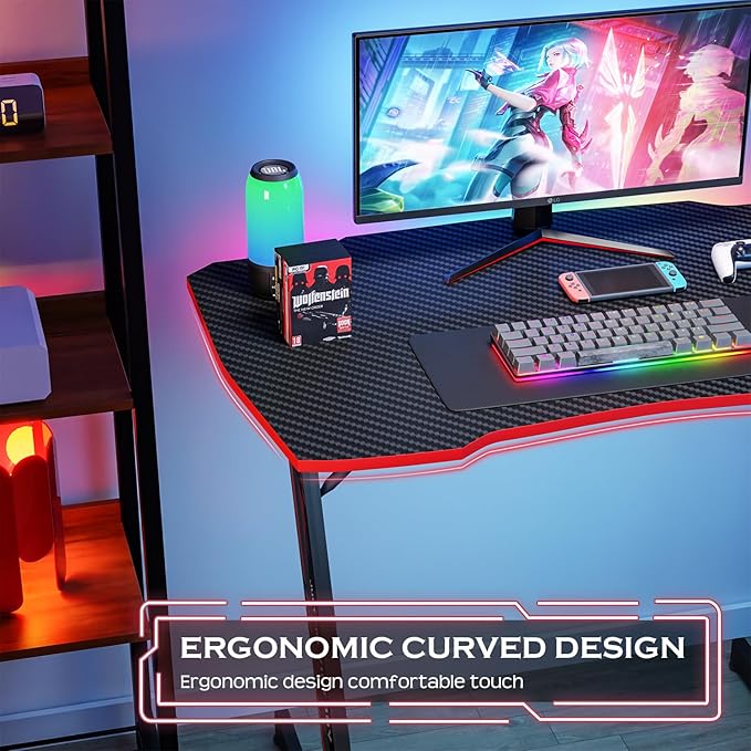 PayLessHere | 35" Gaming Table | Red | Z-Shaped Computer Desk with Steel Frame, Headphone Hook, Adjustable Feet | Carbon Fiber Texture Surface, Sweat & Waterproof | for Gaming, Home Office