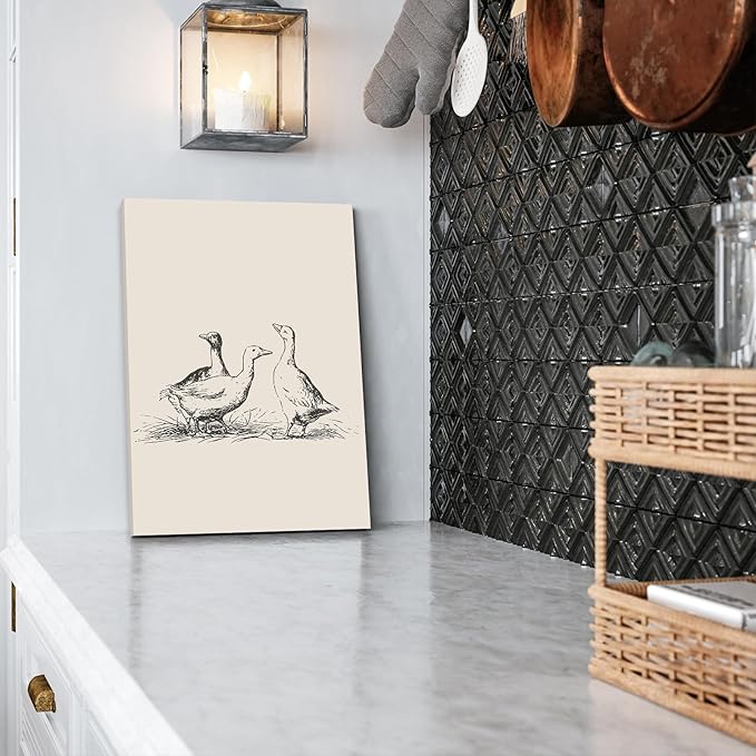 Framed Vintage Duck Canvas Wall Art Minimalist Abstract Animal Picture for Wall Decor Antique Vintage Painting Farmhouse Wall Decor Country Farm Animal Artwork for Living Room Decor, Ready to Hang