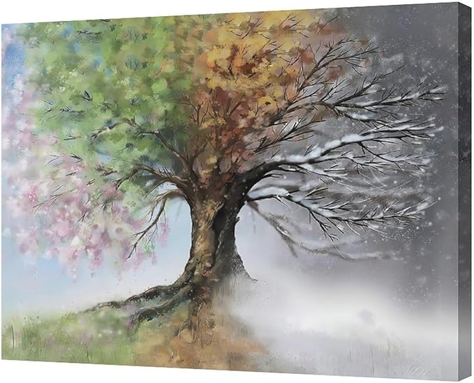 Tree of Life Wall Art Four Season Trees Pictures Decor Rustic Nature Canvas Country Painting Modern Artwork Home Decorations for Bathroom Living Room Bedroom Office Framed 24"x20"