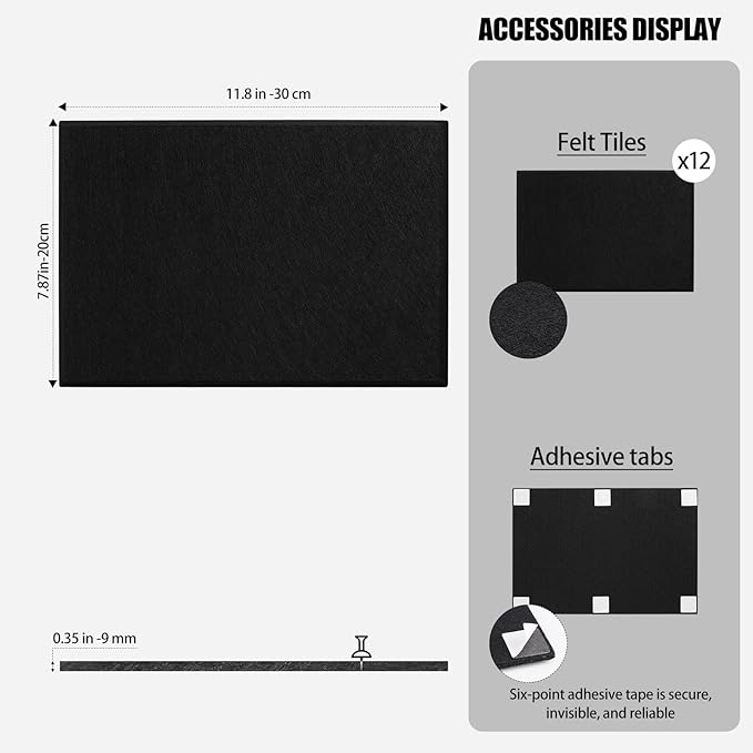 12 Pack Large Cork Boards for Walls, 48" x 24" Black Bulletin Board, Felt Wall Tiles with 72 Safe Removable Adhesive Tabs, Pinboard Cork Board for Office Home Decor