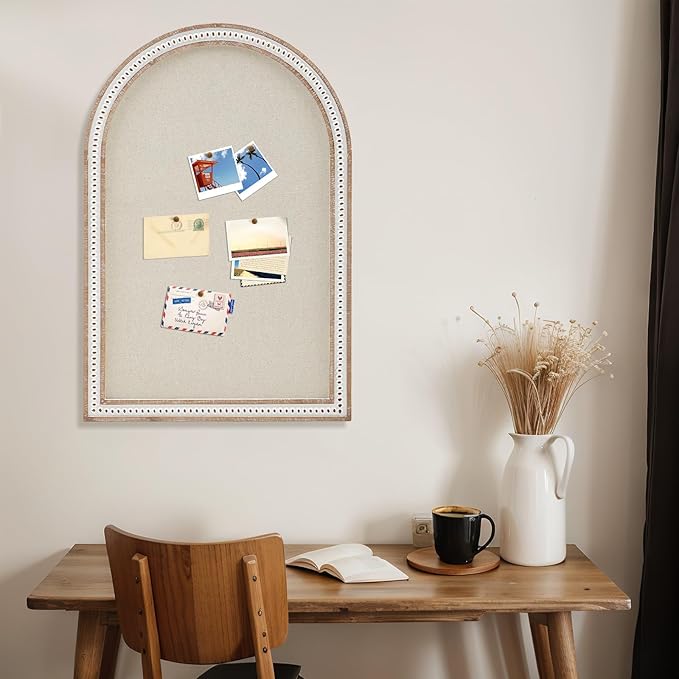 Vintage Framed Pin Board Linen Display Bulletin Board Large Cork Fabric Picture Photo Pinboard Memo Ornate Decorative Pinboard Ornate for Wall Gift(Arch,24" X 36",Boho White)