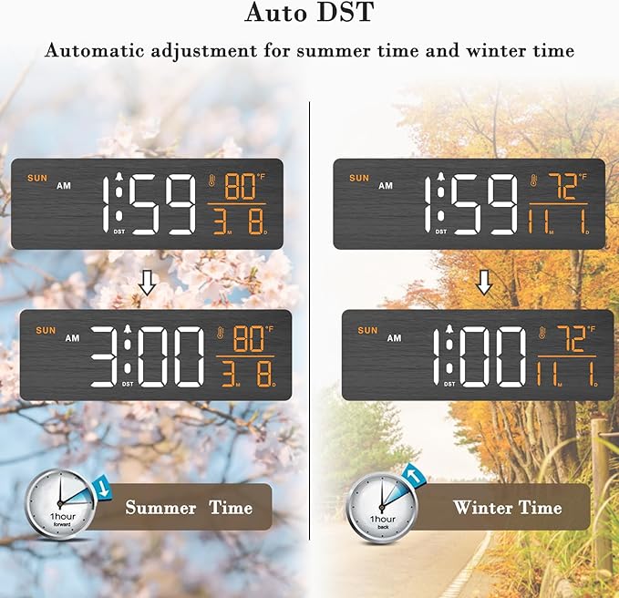 DreamSky Wooden Digital Alarm Clocks for Bedrooms – Large Display Desk Clock with Date & Day of Week for Living Room, Temperature, Dimmer, Adjustable Volume, Auto DST, Office Wood Décor (Plug-in)