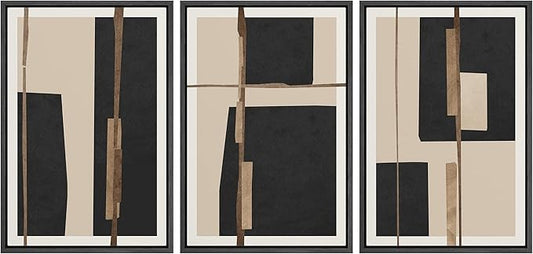 SIGNFORD Framed Canvas Print Wall Art Set Mid-Century Black Polygon Squares Abstract Shapes Illustrations Modern Art Bohemian Nordic Relax/Calm for Living Room, Bedroom, Office - 16"x24"x3 Black