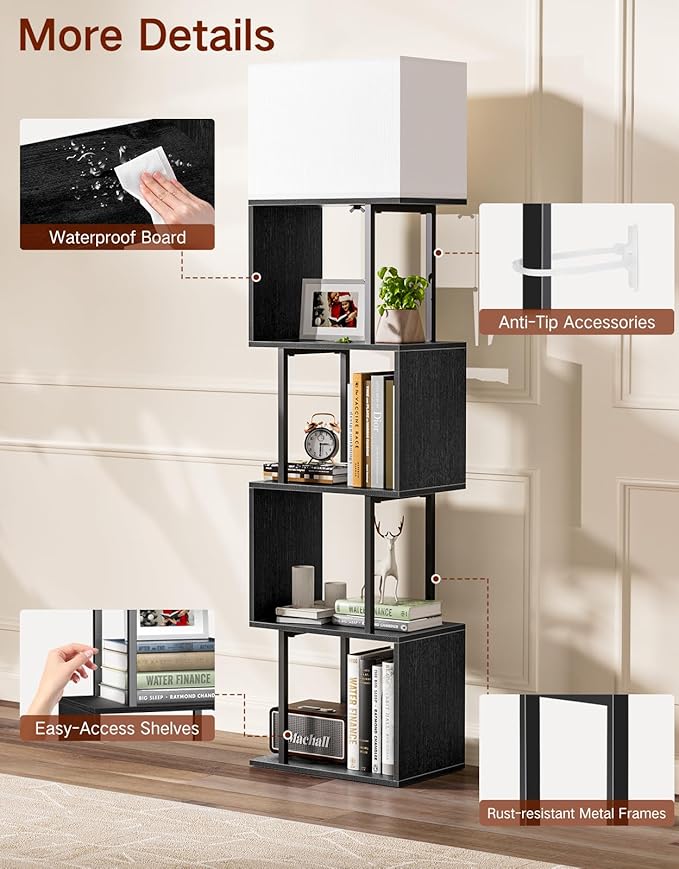 5-Tier Floor Lamp with Shelves & Remote, Dimmable S-Shaped Bookshelf with 3 Color Temperature, 1-Hour Timer, Tall Corner Standing Lamp for Living Room, Bedroom, Office (Black)