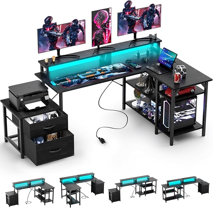 YOUNGAR L Shape Gaming Desk with File Drawers&Power Outlet, 69.3 Inch Reversible 2 Person Desk,Corner L Shape or Long Desk Set up,Monitor Stand &Storage Shelves, LED Lights &CPU Stand,Black