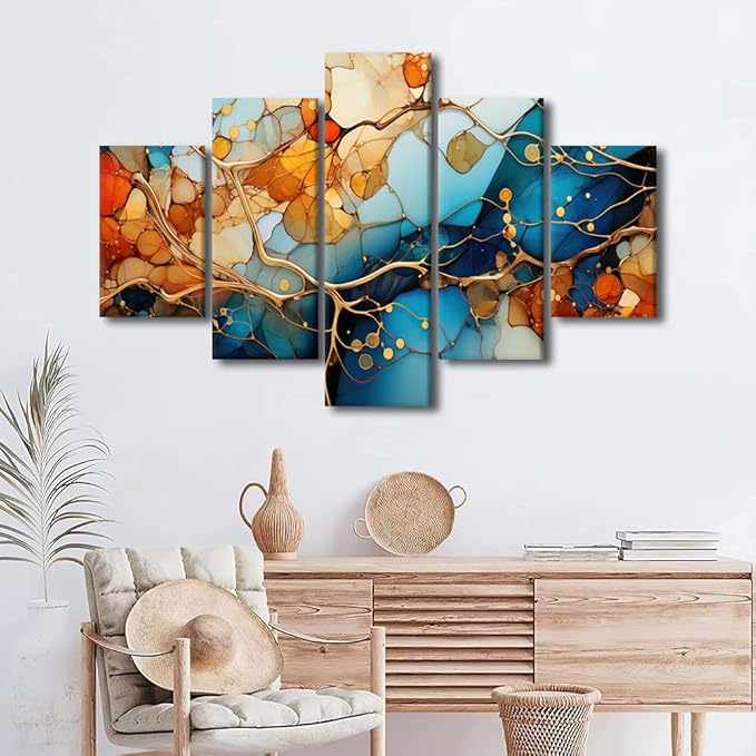 Wall Art Decor for Men Modern Living Room Canvas Art 5 Panel Abstract Painting Art Abstract Branch Seawater Poster Prints for Native Americans Bedroom Wall Art Framed Ready to Hang 60x40 in