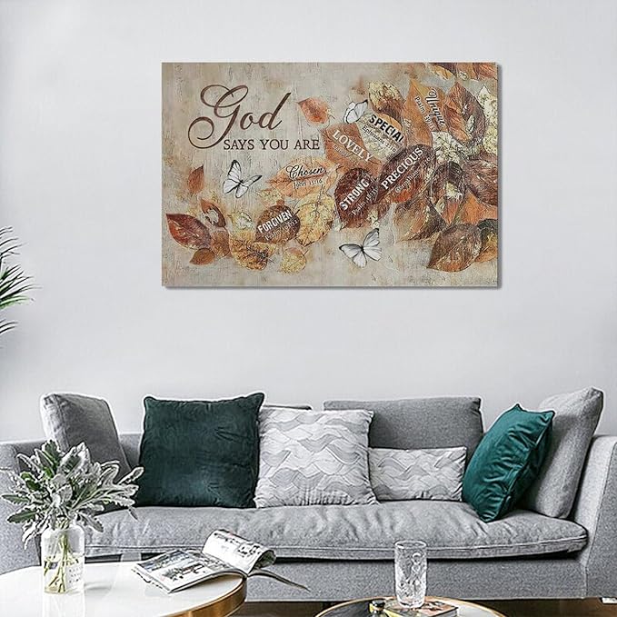 yerretin Fall Christian Leaves Wall Art Autumn Religious Pictures Wall Decor Rustic God Says Canvas Painting Modern Artwork Home Decoration for Living Room Bathroom Bedroom Office Framed 24"x16"