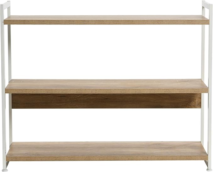 Household Essentials Jamestown Wide 3 Shelf Open Storage Bookshelf Coastal Oak Rustic Wood Grain and White Metal