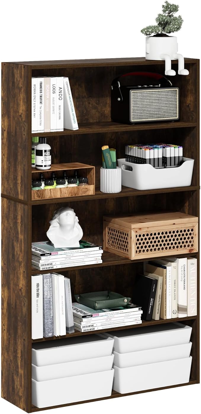 Furinno PASIR Book Shelf, 5-Tier Bookshelf, Bookcase with Open Shelf, 9.4 x 31.5 x 52.7, for Living Room, Bedroom, Home Office, Amber Pine