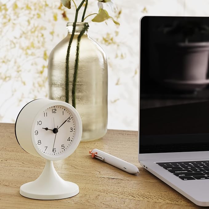 AYRELY® 3" Cute Analog Alarm Clock,Small Retro Table Clock Battery Operated,Slient Metal Desk Clock with Light for Living Room Decor,Bedroom,Bedside,Shelf (White)