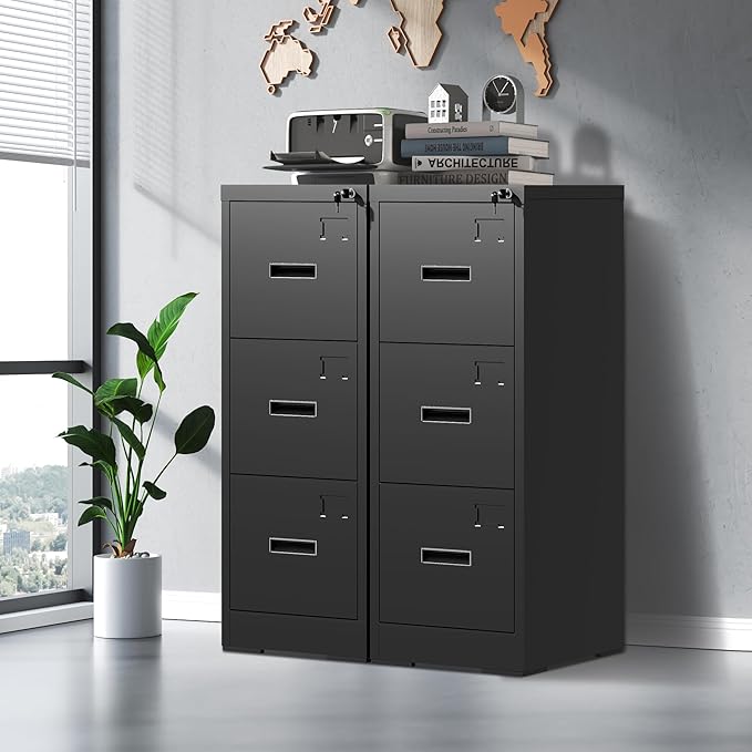 3 Drawer Filing Cabinet with Lock and Card Slot, Locking Vertical File Cabinet for Home Office, Small Metal File Cabinets for Hanging Legal Letter File Folders, Assembly Required(Black)