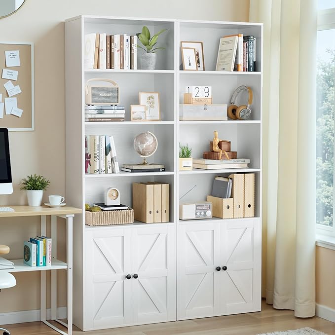 YESHOMY 6 Tier Bookcase and Bookshelf, Tall Book Shelf with Doors & Adjustable Shelves, Floor Display Storage Cabinet Home Decor for Living Room, Office, White