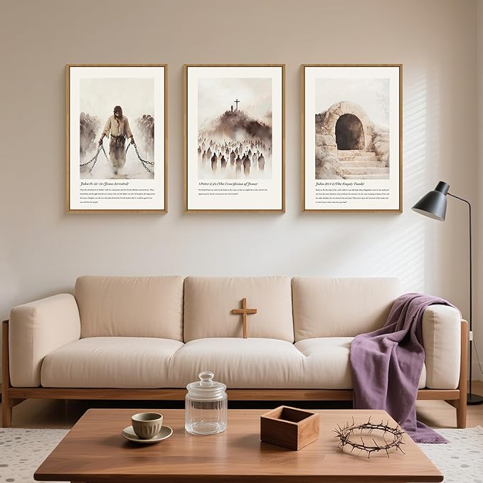 KAIRNE Christian Wall Art Set of 3, Jesus Resurrection Bible Verses Framed Canvas Prints, Easter Decor with Crucifixion, Empty Tomb, Religious Home Decor for Living Room, Church 16x24 Inch