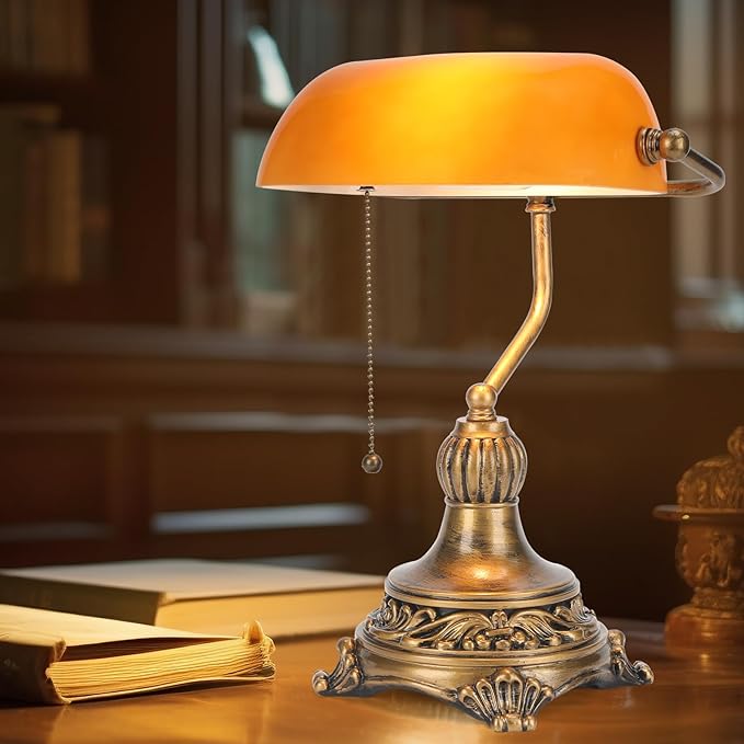 NISSAFORS Bankers Lamp with Pull Switch, Amber Glass Desk Lamp with Retro Black/Gold Finish, Vintage Table Lamps for Living Room, Library, Piano(Amber)