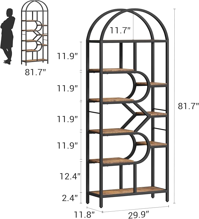 IDEALHOUSE Bookshelf 6 Tier Arched Bookcase 81.7in Tall Display Racks Geometric Open Storage Shelf Unique Book Rack Metal Frame Large Modern Book Shelf for Bedroom, Living Room, Home Office