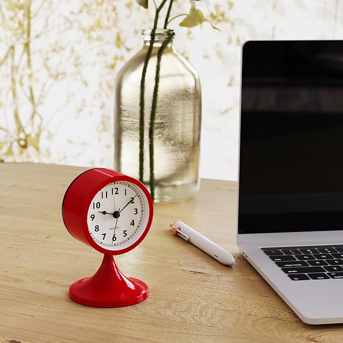 AYRELY® 3" Cute Analog Alarm Clock,Small Retro Table Clock Battery Operated,Slient Metal Desk Clock with Light for Living Room Decor,Bedroom,Bedside,Shelf（Rose red）