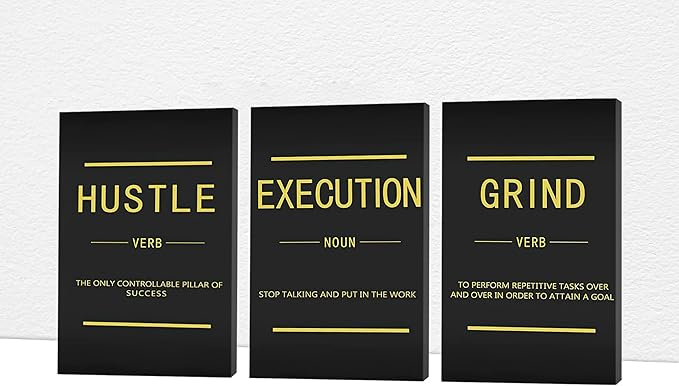Office Wall Art - 3 Panel Motivational Wall Art, Inspirational Quotes Canvas Art for Home Office Wall Decor, Positive Quotes Wall Decor, Entrepreneur Grind Hustle Execution Poster Frame (20”x30”x3Pcs)