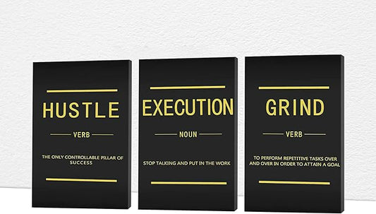 Office Wall Art - 3 Panel Motivational Wall Art, Inspirational Quotes Canvas Art for Home Office Wall Decor, Positive Quotes Wall Decor, Entrepreneur Grind Hustle Execution Poster Frame (16”x24”x3Pcs)